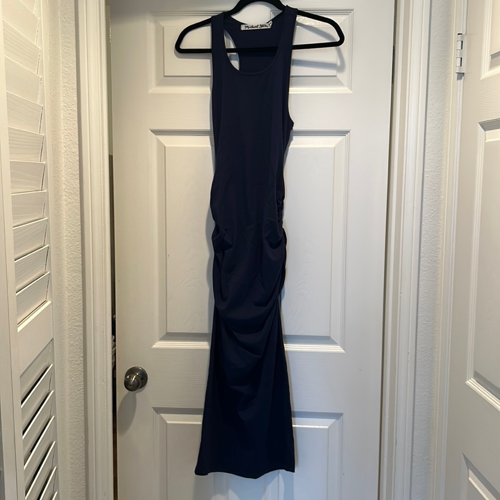 Michael Stars navy midi dress, size L. Form fitting & gathered at the sides.
